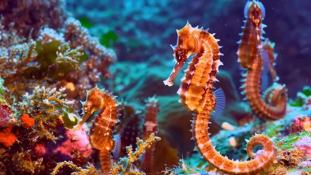 Seahorses swimming gracefully in coral reef
