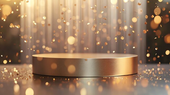 Minimalist Gold Podium with Soft Light Particles, Glass Panel Backdrop, and Elegant Bokeh Effect. Copy space. Generative AI