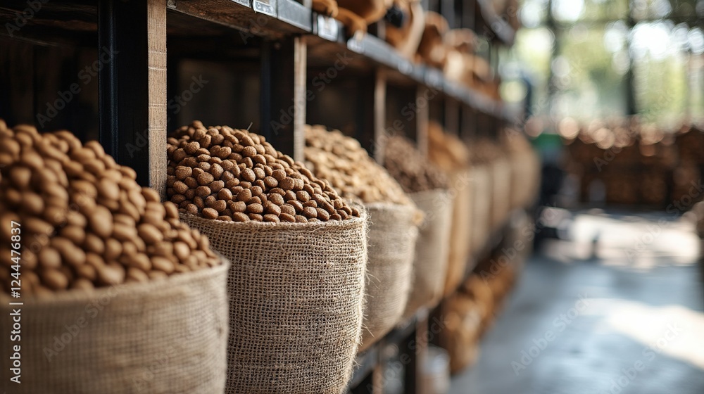 Poster abundant sacks of nuts stacked in a rustic warehouse with sunlight filtering through trees