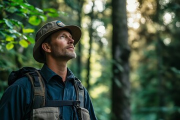 Explorer in a forest with binoculars during golden hour