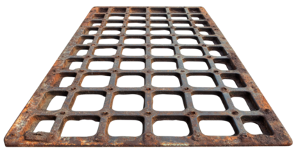 Rusty metal grate creating repeating square pattern on transparent background