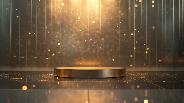 Minimalist Gold Podium with Soft Light Particles, Glass Panel Backdrop, and Elegant Bokeh Effect. Copy space. Generative AI