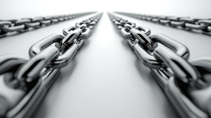Fototapeta premium Converging metallic chains on white background, strength, connection