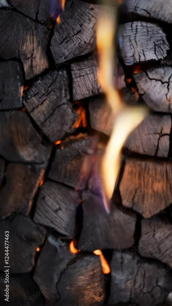 Poster Flickering flames rise between charred wood, creating a captivating interplay of light and shadow on a dark, textured surface, ideal for fire themed backgrounds