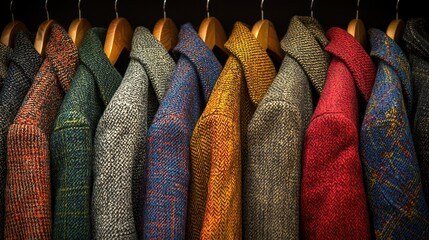 Colorful tweed jackets hanging boutique dark background