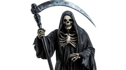 Grim reaper holding scythe on transparent background