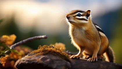 Fototapeta premium Playful Chipmonk Frolicking Amongst SnowCovered Trees in a Serene Winter Forest, Capturing the Enchantment of Natures Whiteness and the Spirited Motion of this Small Creature.