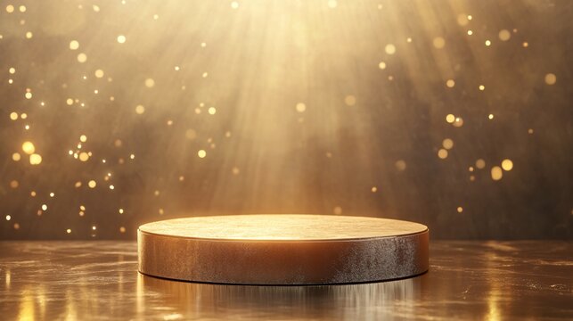 Minimalist Gold Podium with Soft Light Particles, Glass Panel Backdrop, and Elegant Bokeh Effect. Copy space. Generative AI - Powered by Adobe