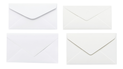 Four blank white envelopes on transparent background showing different positions