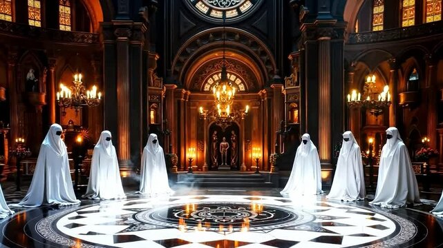 A group of people dressed in white standing in a church