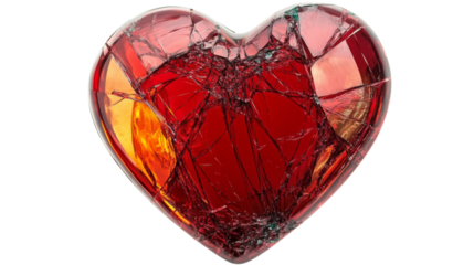 Broken heart of glass reflecting emotional pain on transparent background
