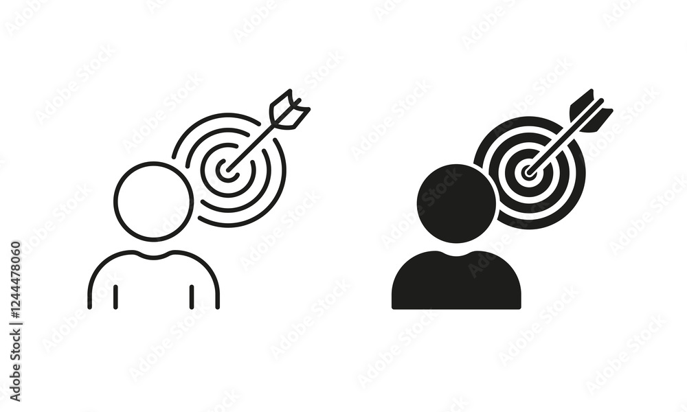 Poster goal strategy, aim focus pictogram. person with target line and silhouette icon set. objective orien