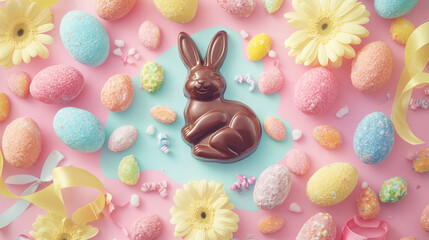 Chocolate Easter bunny surrounded by colorful pastel eggs and candy sprinkles, festive holiday confectionery display with playful seasonal elements