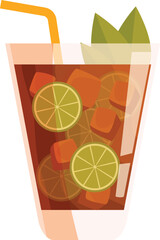 Refreshing long island iced tea cocktail is served in a tall glass with ice, lime and straw