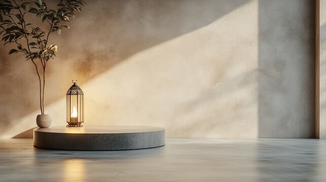 A close-up of a sleek, minimalistic Ramadan podium with a small lantern and crescent moon detail, softly illuminated against a muted background