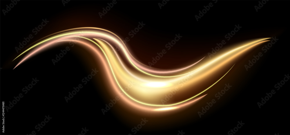 Poster abstract golden light trails swirling gracefully on a black background, creating a mesmerizing and e