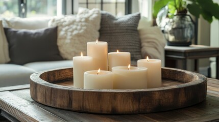 A wooden tray in rustic decor with soft candle lighting. Wooden tray with candles in cozy home.