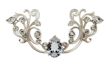 Elegant silver brooch with sparkling diamonds and precious gemstone on transparent background