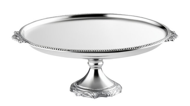 Empty silver serving platter on transparent background, perfect for displaying culinary creations