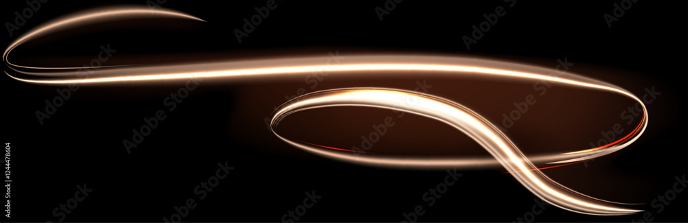 Poster golden light trails swirling and creating dynamic shapes against a dark background, enhancing techno