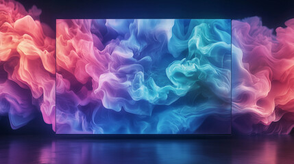 TV on a minimalist black background, displaying a dynamic explosion of neon colors, creating a three-dimensional wave of light.