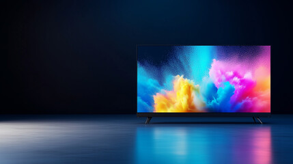 TV on a minimalist black background, displaying a dynamic explosion of neon colors, creating a three-dimensional wave of light.