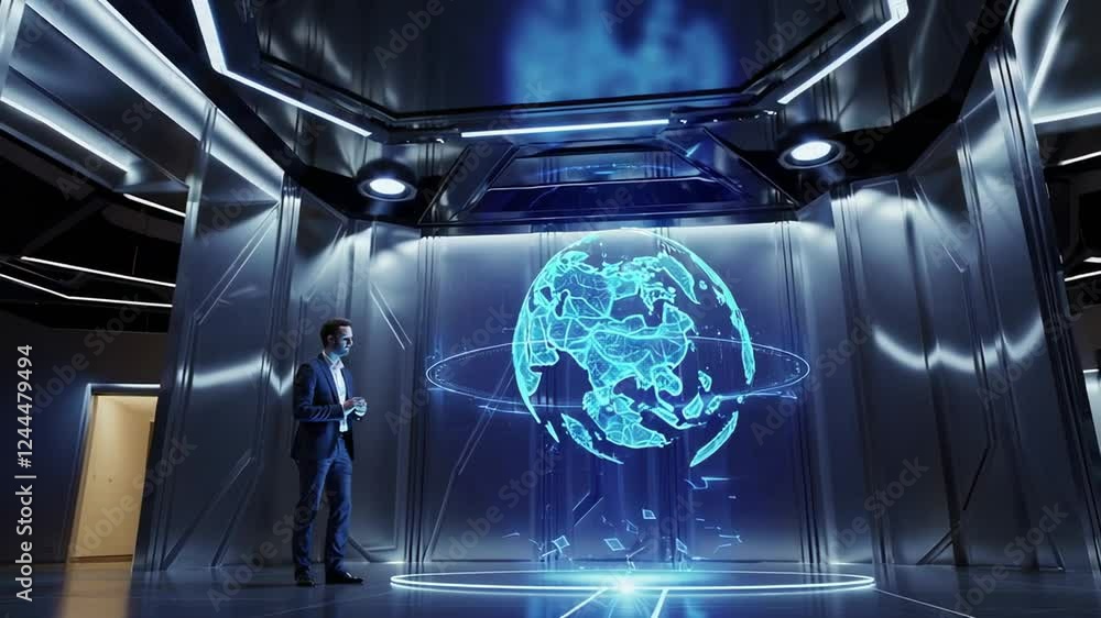 Poster slow motion video showcasing a businessman interacting with a rotating holographic globe projection,