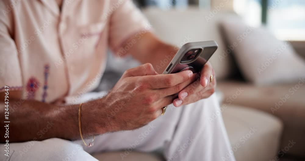 Poster phone, hands and man on sofa in home with research on mobile app for movie review or rating. cellpho