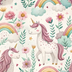 Wanddecoratie Regenboog seamless pattern with cute cartoon unicorns and rainbows  © anastasia_7em