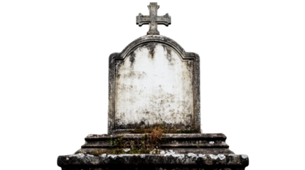 Old tombstone with cross showing weathered stone and blank epitaph on transparent background
