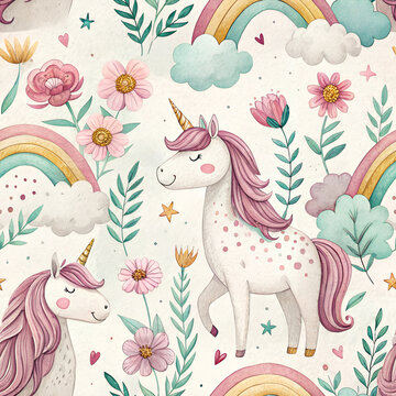 seamless pattern with cute cartoon unicorns and rainbows