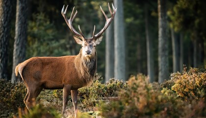 Naklejka premium Majestic Red Deer Stag Standing in Lush Forest A Vivid Portrait of Wildlife and Natures Beauty, Captured on a Winters Afternoon