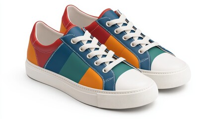 Colorful sneakers featuring a patchwork design with vibrant hues of blue, orange, red, and green, perfect for casual wear.