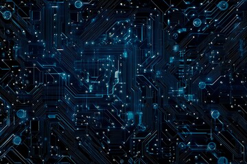 Abstract close-up of a glowing blue digital circuit board, showcasing intricate connections and technological design on a black background.

