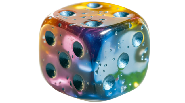 Colorful transparent dice showing five on transparent background