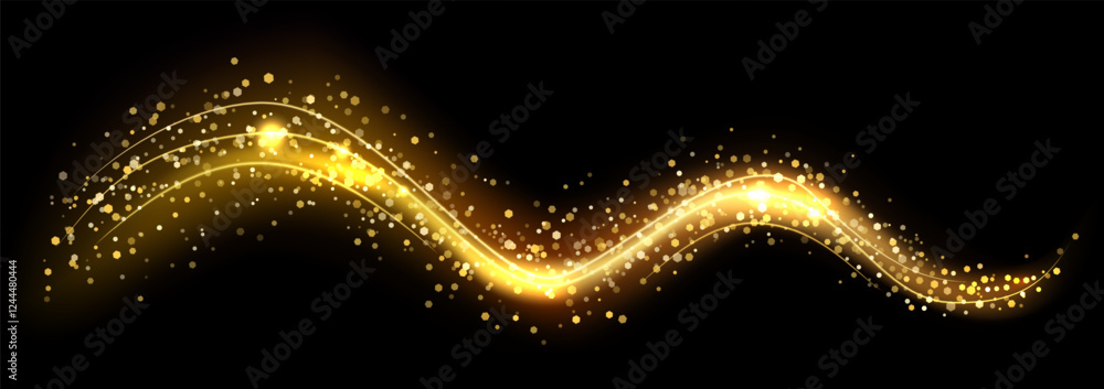 Poster dynamic waves of golden light and sparkles flowing across a dark background create vibrant energy an