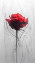 Elegant red rose with smoke effect against soft gray background