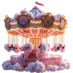 Fluffy 3D Cartoon Carnival with Glowing Pink Carousel and Clouds Isolated on Transparent Background