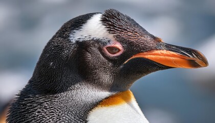Naklejka premium Striking Closeup of a Penguin Black and White Stripes Contrasting with Icy Antarctic Landscape, Emphasizing Purity and Boldness in the Frozen Wilderness