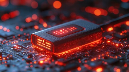 A glowing USB device resting on a circuit board, highlighting technology and connectivity.