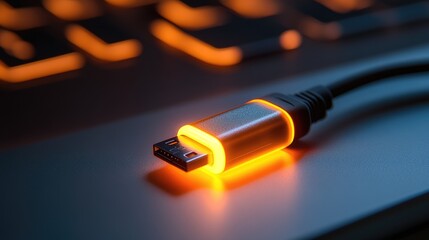 A glowing USB cable connector on a dark surface, emphasizing technology and connectivity.