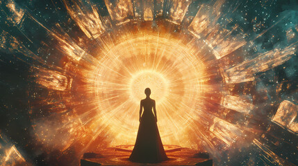 Divine feminine archetype radiating sacred geometry cosmic background ethereal glow spiritual symbolism. Sacred Spaces & Temples. Illustration