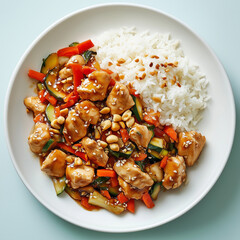 Spicy kung pao chicken stir-fry with vegetables, peanuts, and white rice served on a round white plate, traditional chinese dish