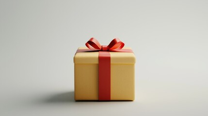 Fototapeta premium A simple, wrapped gift box with a red ribbon, set against a neutral background, symbolizing celebration and surprise.