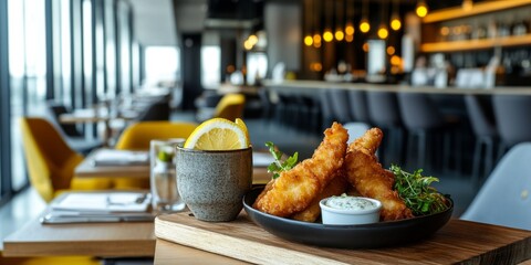 Delicious crispy fried fish served with lemon. A beautiful presentation in a modern restaurant setting. Ideal for food lovers and restaurant promotions. Enjoy fresh flavors. AI