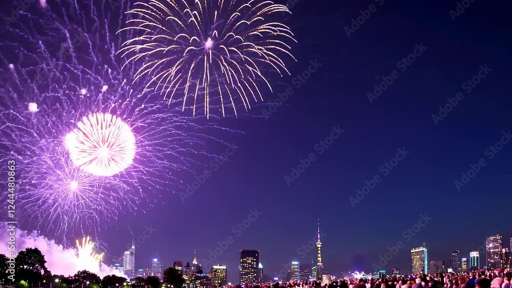 Poster vibrant fireworks arcing and spreading across dark night sky, illuminating auckland skyline with col