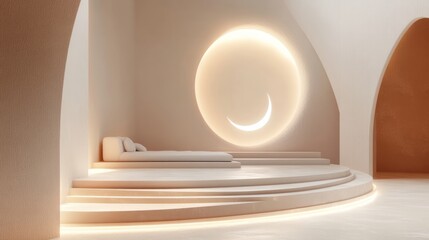 Obraz premium A close-up view of a minimalist Ramadan podium with clean lines and a small crescent moon, softly lit to create a peaceful and elegant atmosphere