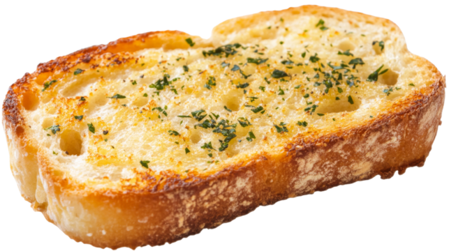 Slice of toasted garlic bread with parsley on transparent background