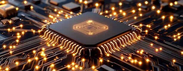 Circuit Board Visuals for Tech Imagery, Macro Shots of Electronic Circuit Boards, Close-up of a glowing microchip circuit.