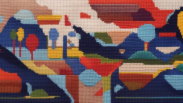 Abstract landscape created with needlepoint craft texture art with hills trees and sky